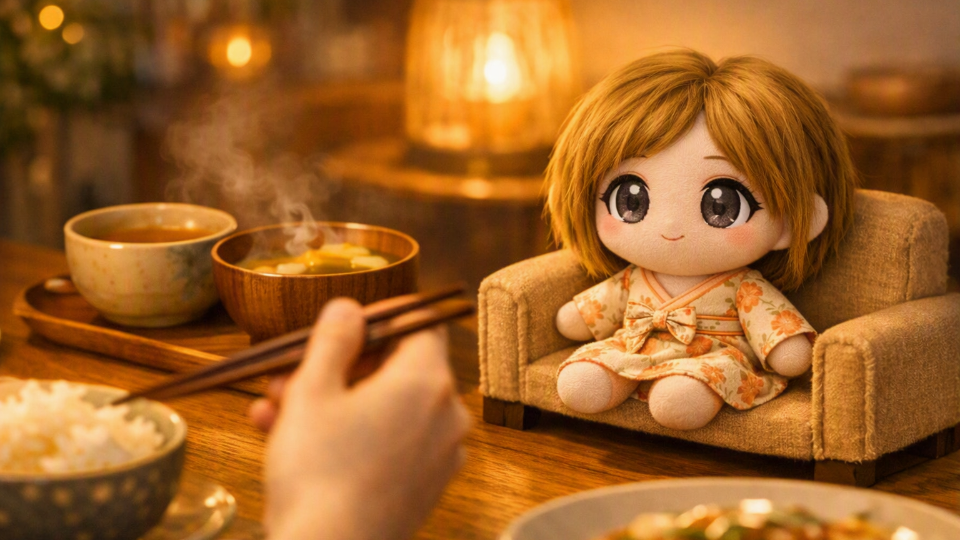 ぬいちゃん、食事のお供する