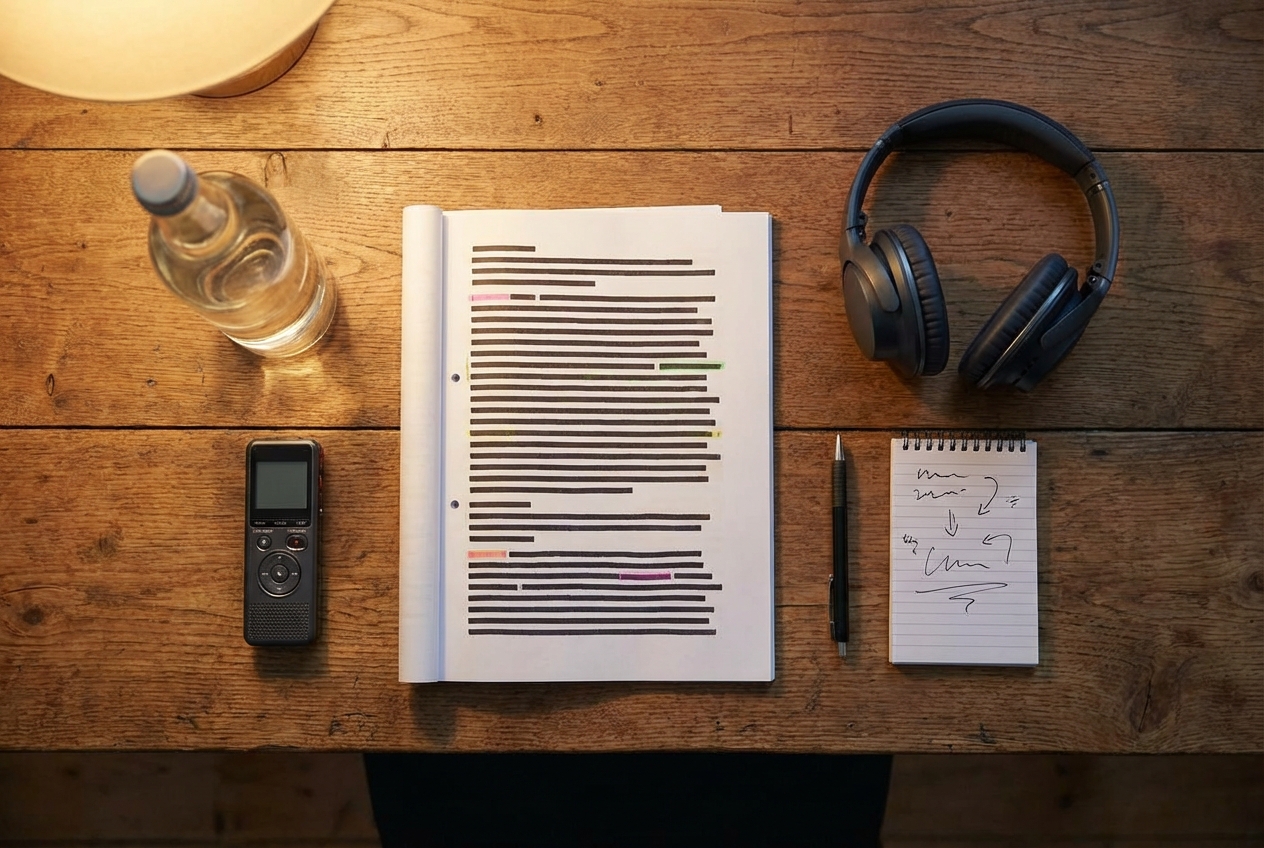 台本とボイスレコーダーを並べてオーディションの準備をしているデスク