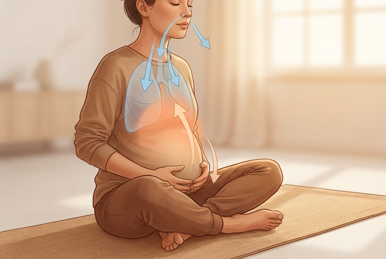 お腹に手を当てて呼吸を確認している様子。仰向けだとやりやすい