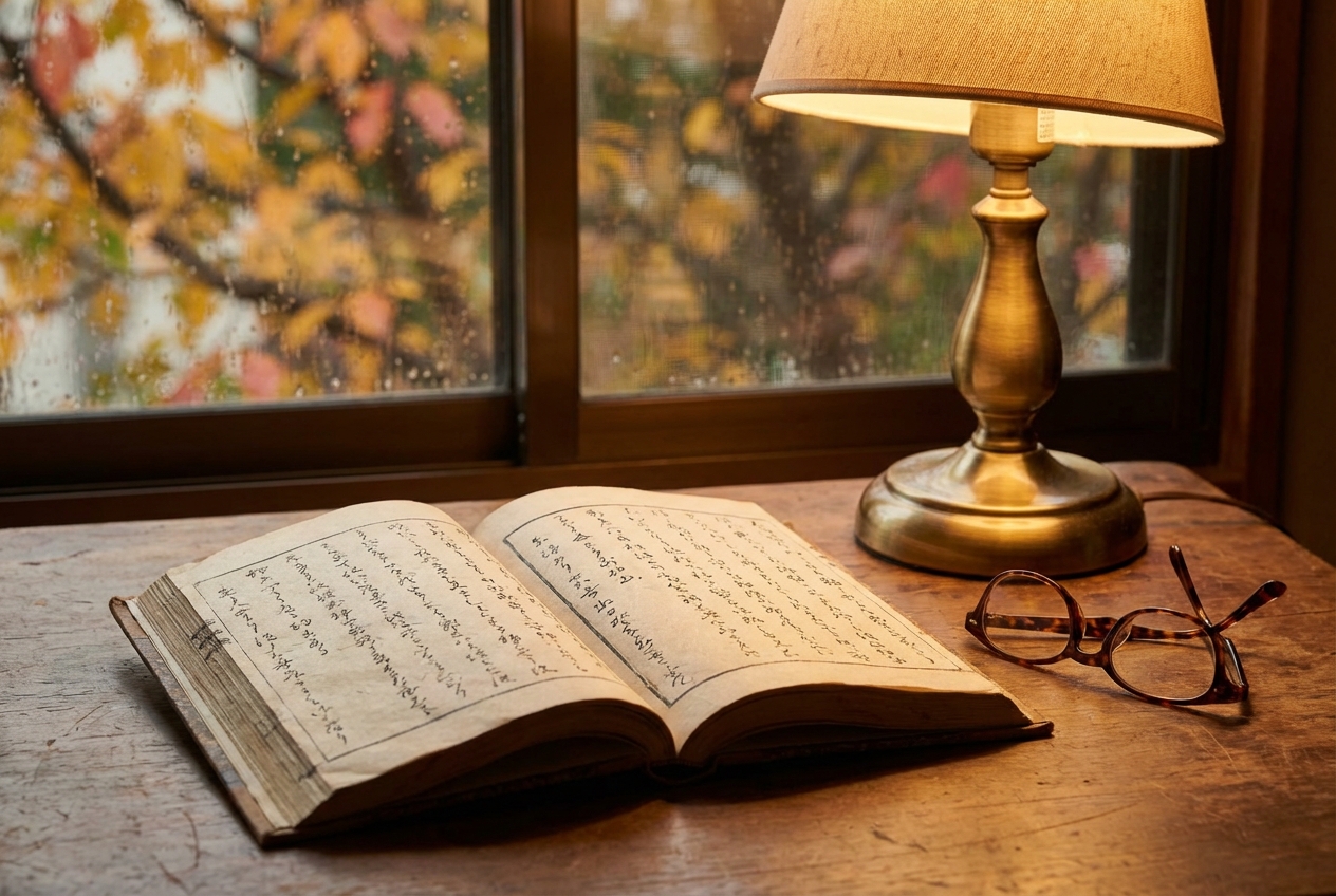 本棚から一冊を手に取って読み始めるところ