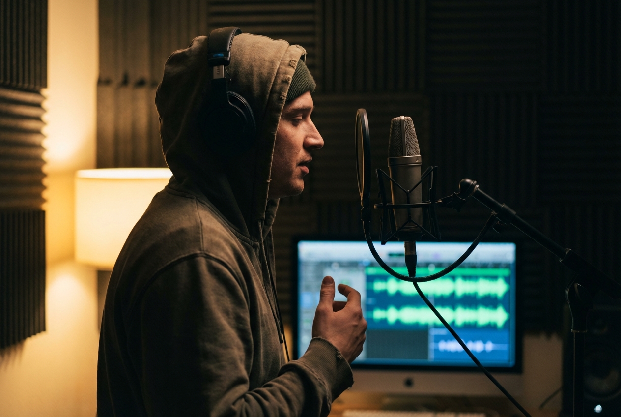 マイクに向かってシチュボを収録している様子。距離感の調整がカギ