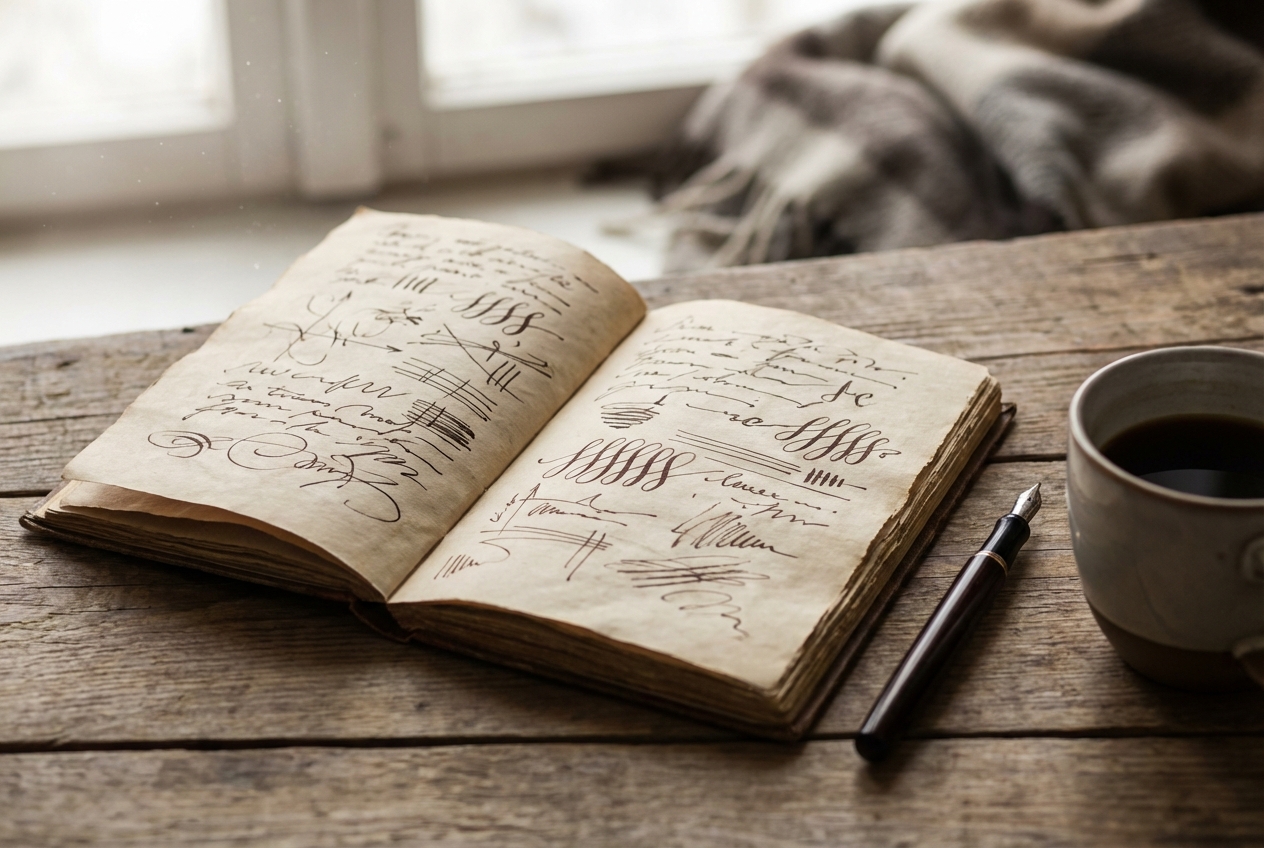 シチュボ台本の構成要素をノートに書き出しているところ