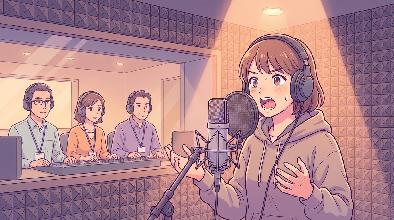 オーディション会場の廊下で台本を見直す受験者のイメージ