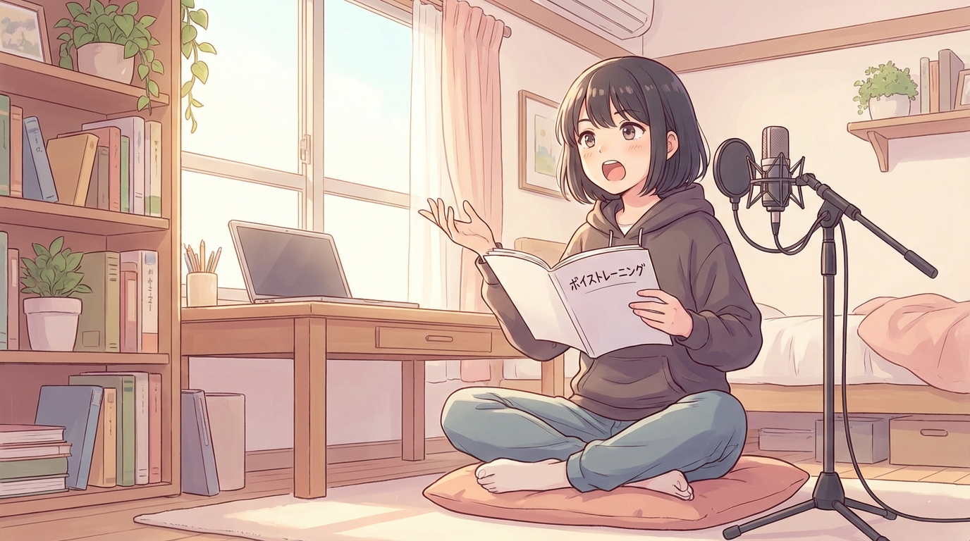 自宅の机でスマホに向かって発声練習しているイメージ