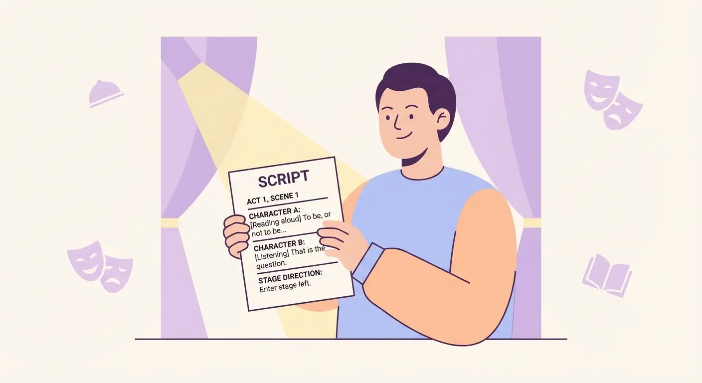 蛍光ペンでセリフにチェックを入れながら台本を読み込んでいるところ