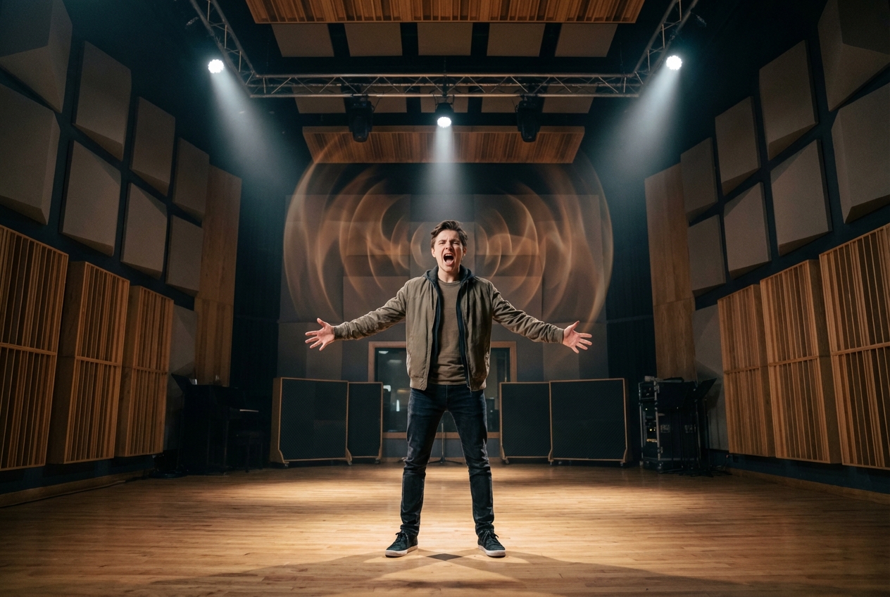 遠くの壁に向かって「あーーー」と声を飛ばす練習中