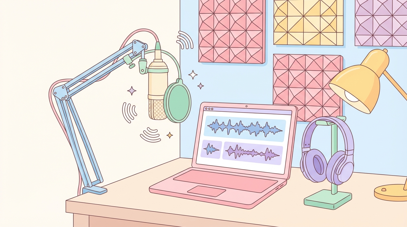 マイクとポップガードが並ぶデスク。いい音で録りたい気持ちが伝わってくる